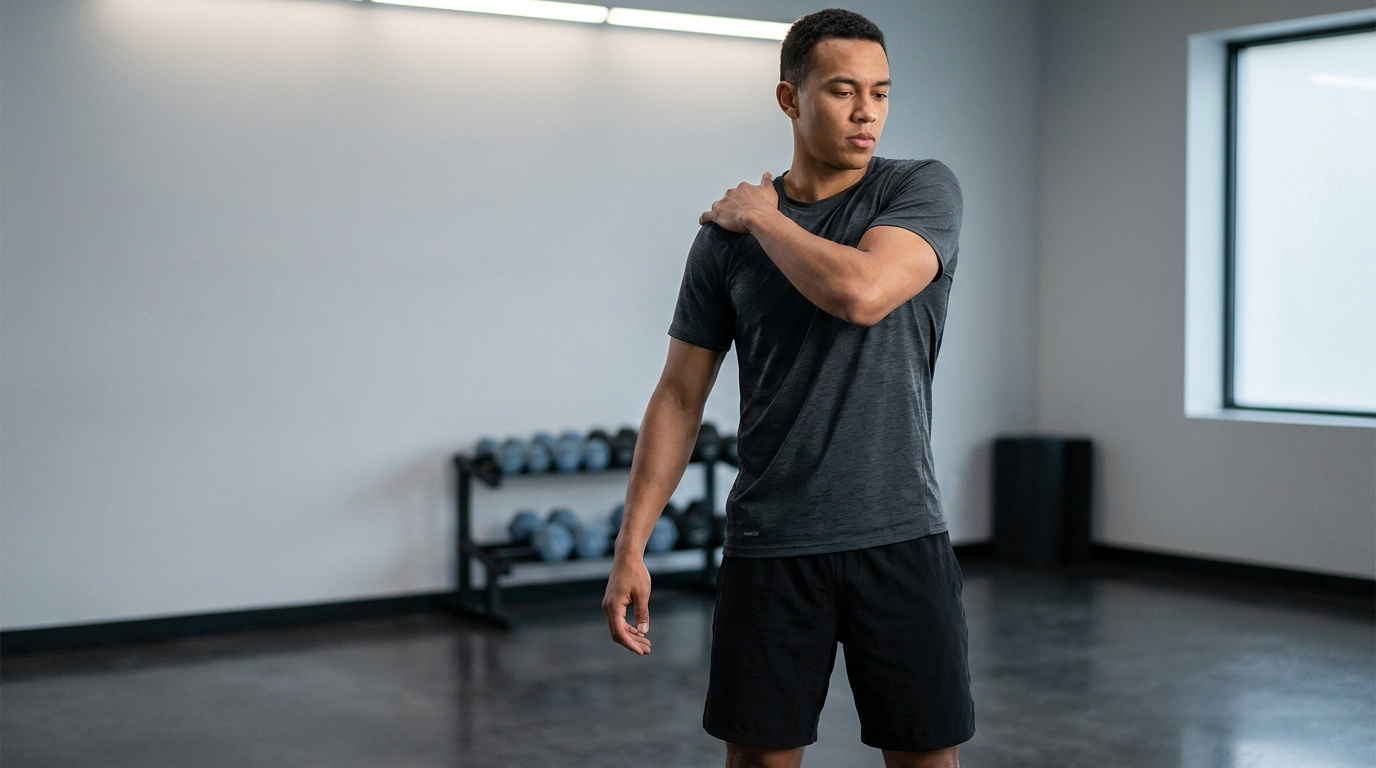 Un homme en t-shirt gris s'étire l'épaule dans une salle de sport avant une séance de pompes.