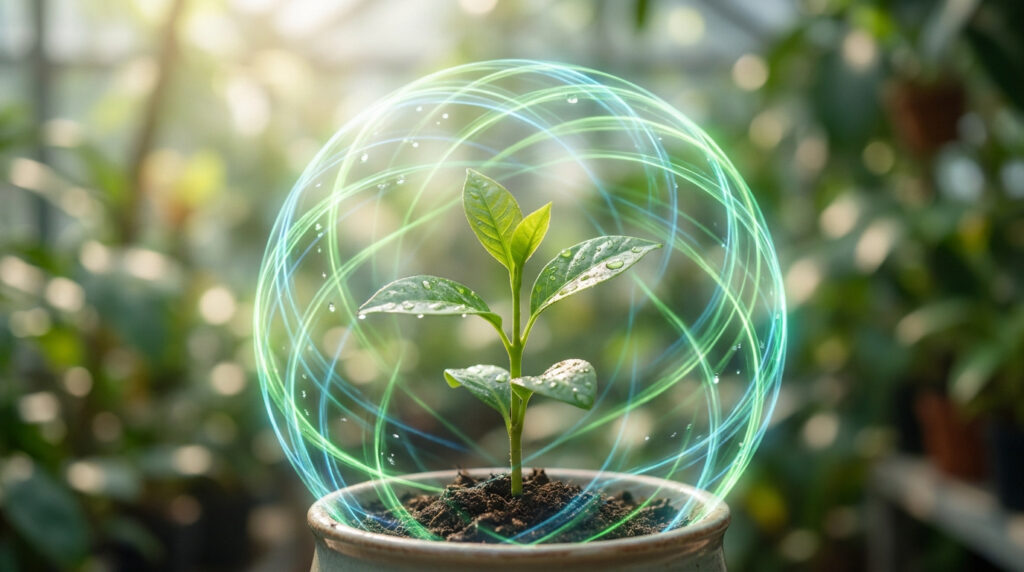 Une jeune pousse verte dans un pot, entourée par une bulle de lumière protectrice dans une serre ensoleillée.