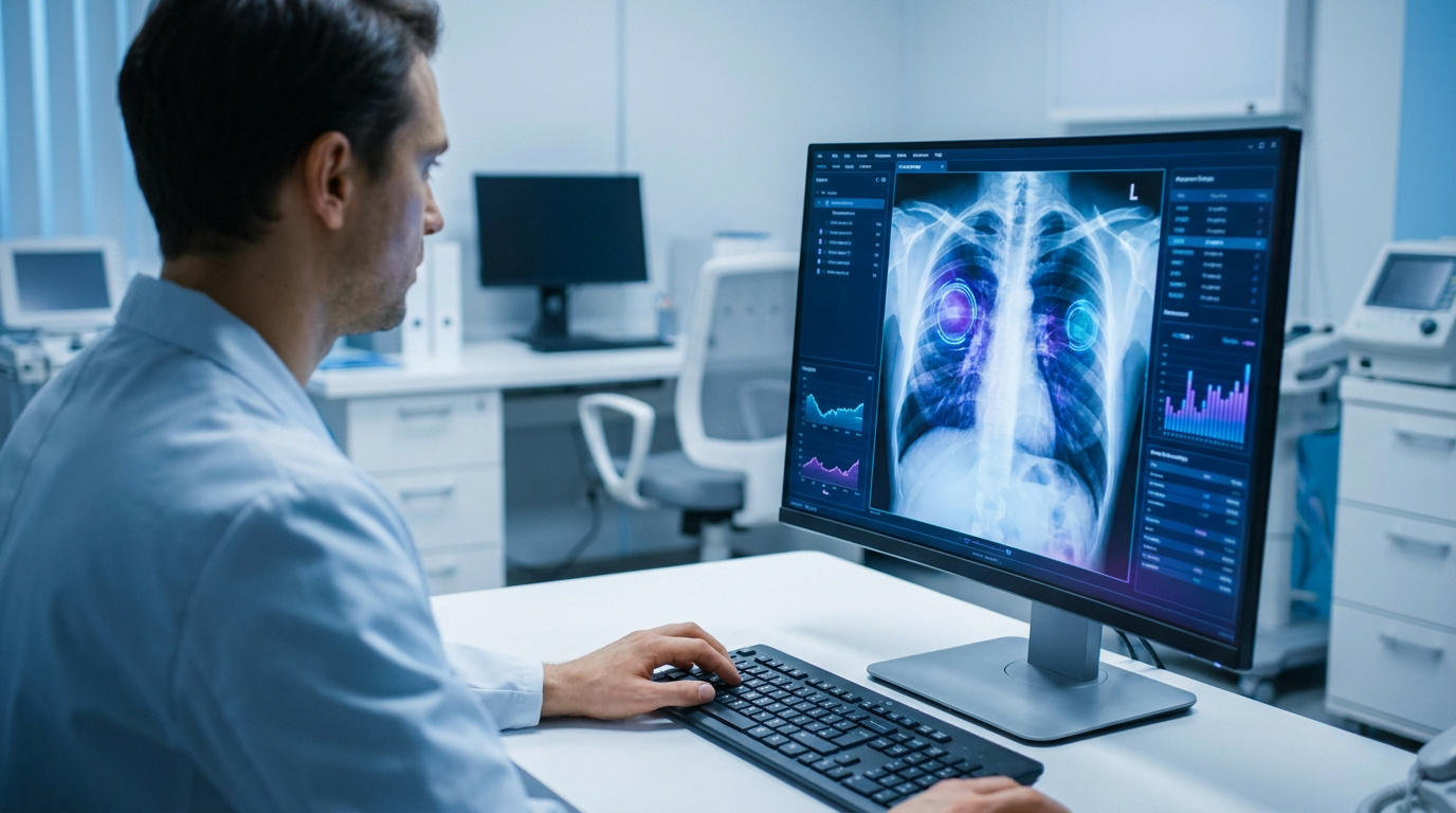 Un radiologue analysant une radiographie pulmonaire numérique sur un écran d'ordinateur dans un cabinet médical.