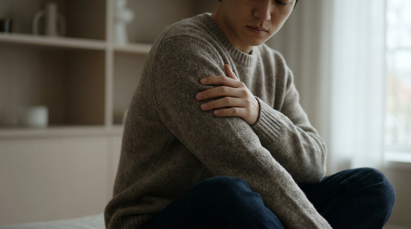 Un jeune homme en pull beige touche son épaule avec une expression de gêne ou de douleur.