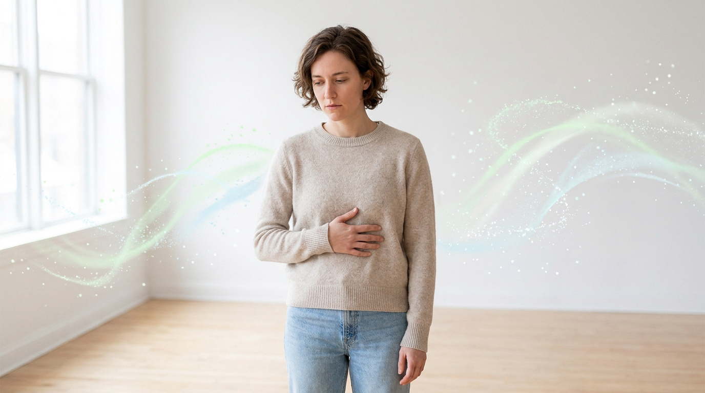 Une femme à l'air inquiet, tenant son ventre, avec des ondes graphiques lumineuses autour d'elle suggérant des gaz.