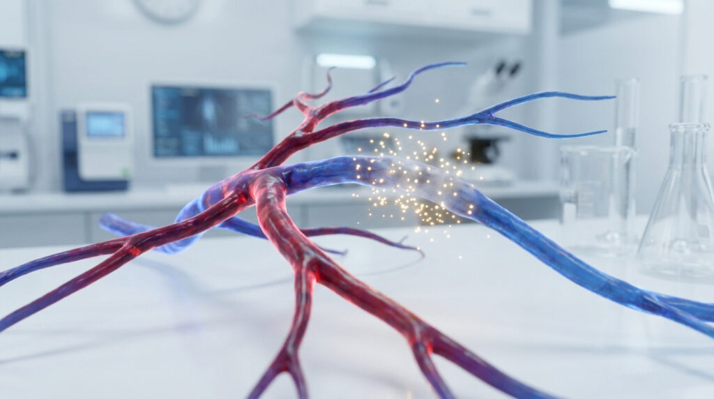 Représentation 3D d'un vaisseau sanguin dans un laboratoire médical, illustrant une fuite veineuse.
