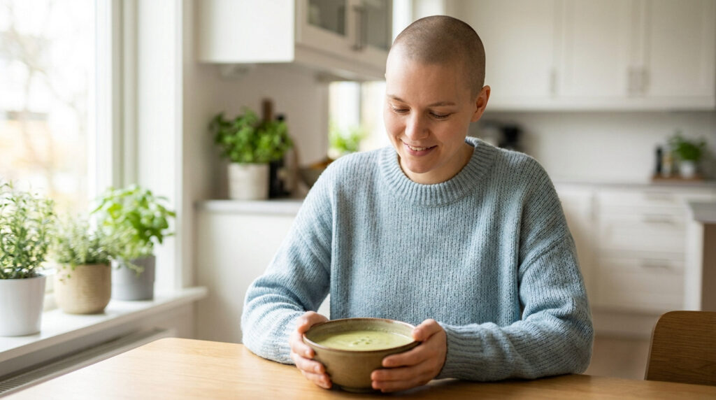 Une personne au crâne rasé sourit en tenant un bol de soupe verte dans une cuisine lumineuse.