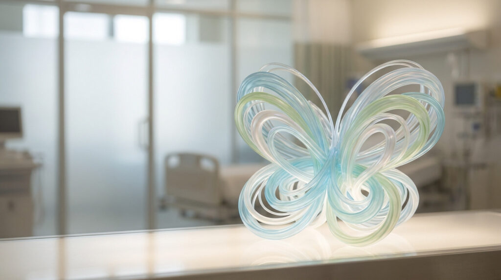 Une sculpture artistique en tubes médicaux translucides formant un papillon, posée dans une chambre d'hôpital floue.