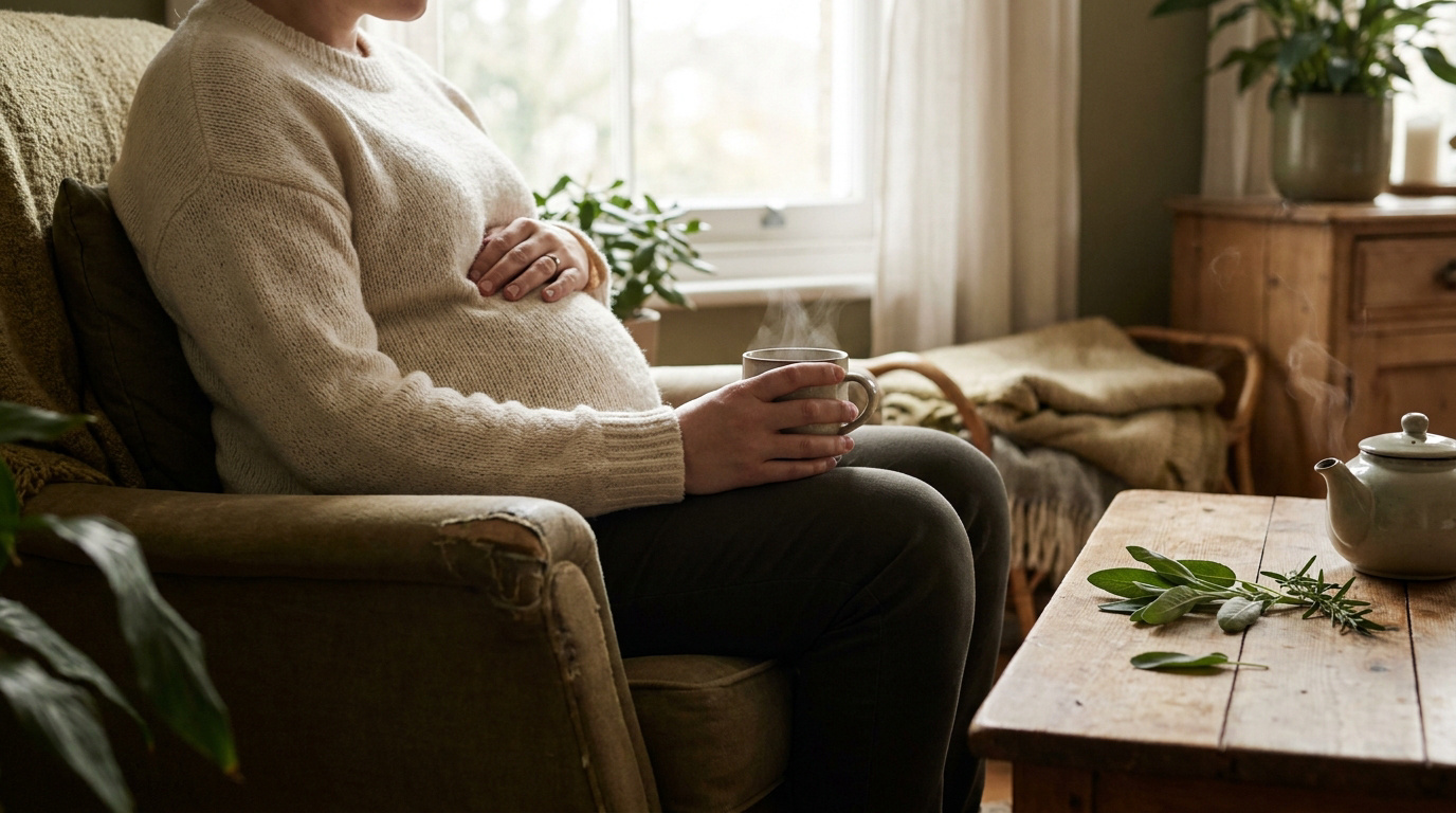 Une femme enceinte assise dans un fauteuil, tenant une tasse de tisane fumante avec de la sauge sur la table.