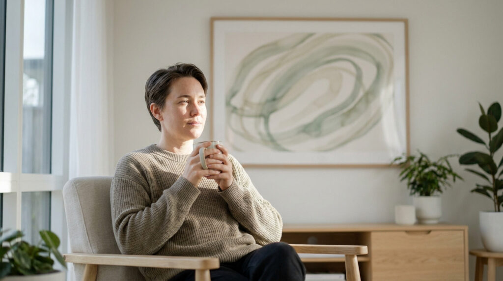 Une femme détendue avec un pull beige tient une tasse chaude, assise dans un fauteuil lumineux dans un salon moderne.