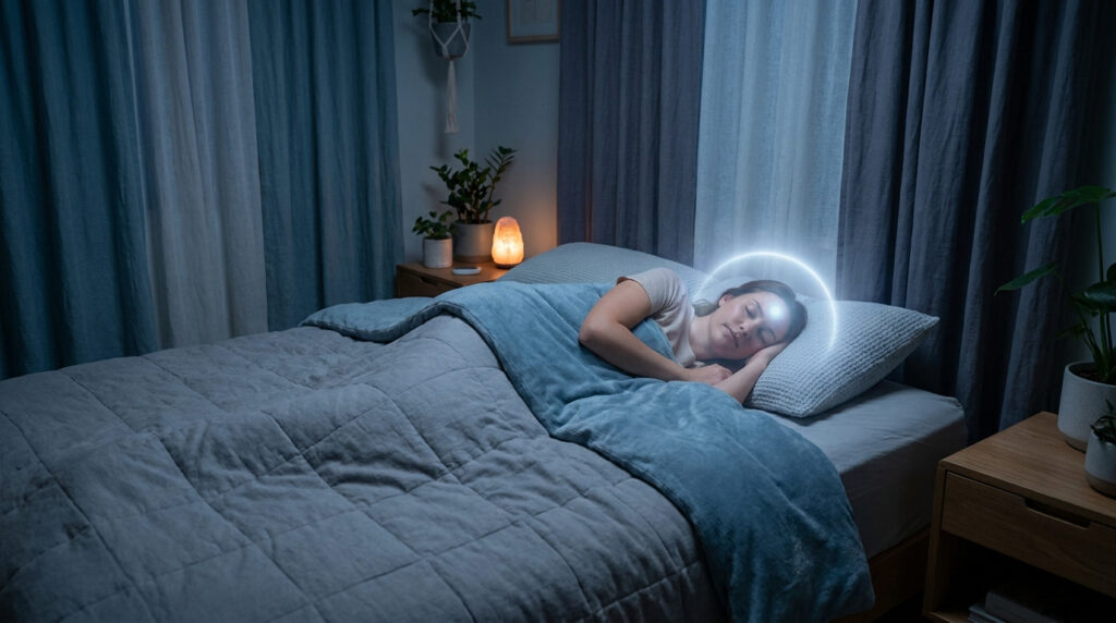Une femme dort paisiblement avec une lueur brillante autour de sa tête, symbolisant l'activation de la glande pinéale.