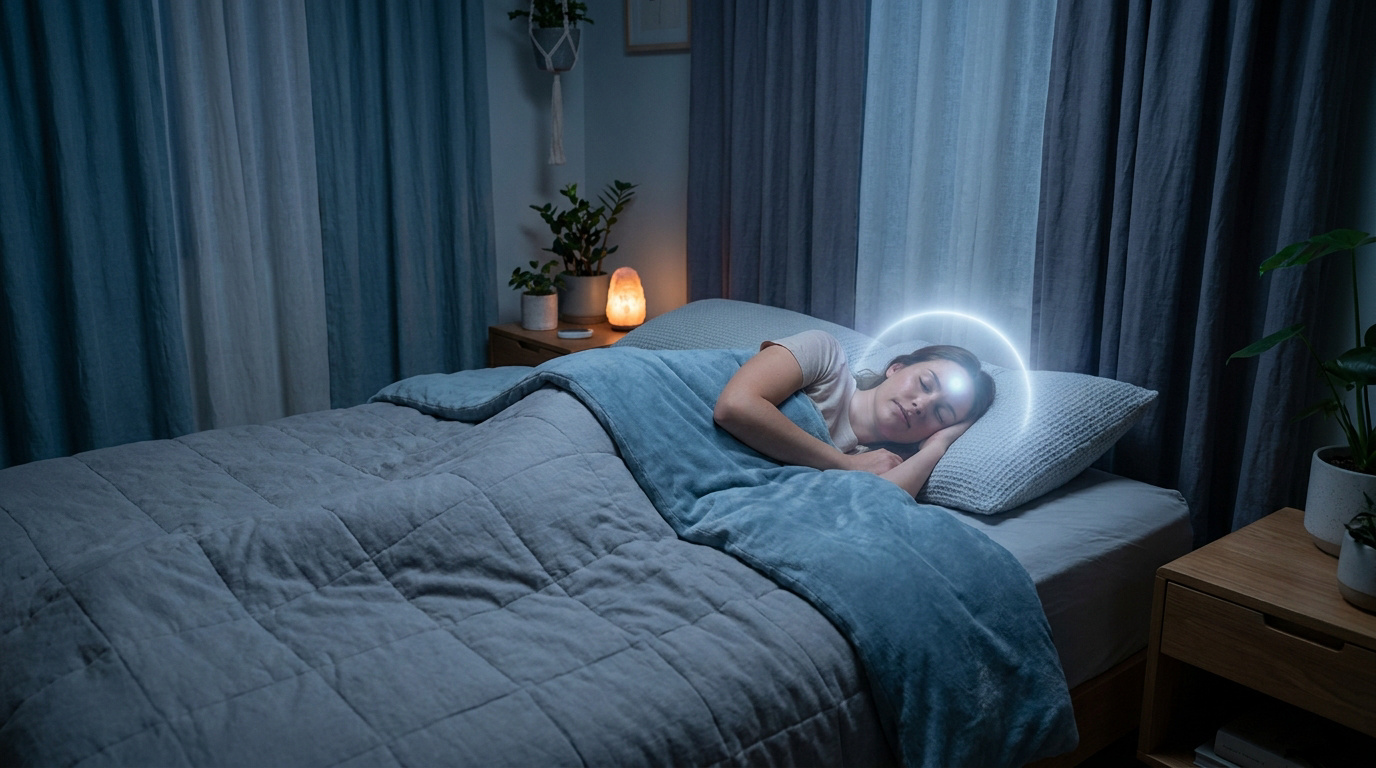 Une femme dort paisiblement avec une lueur brillante autour de sa tête, symbolisant l'activation de la glande pinéale.