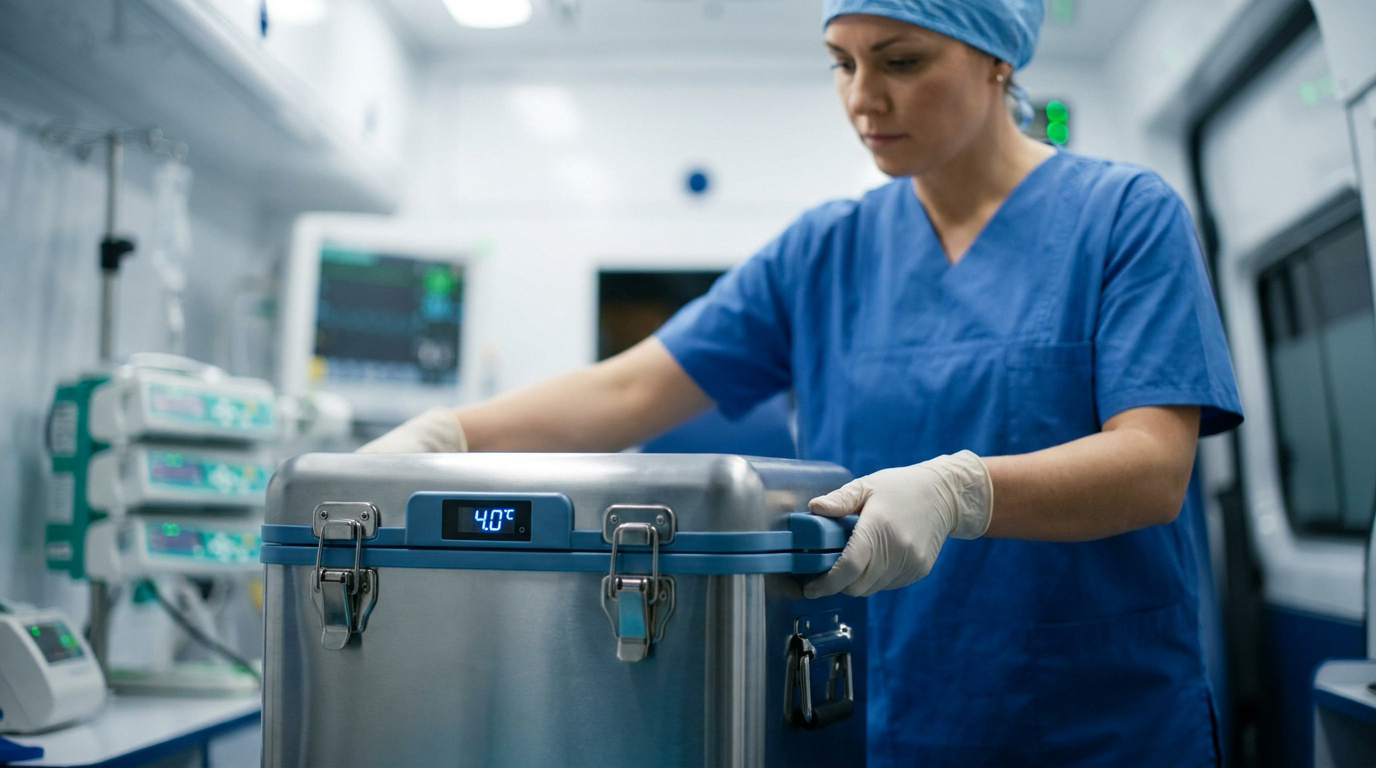 Une infirmière en tenue bleue vérifie une glacière médicale à température contrôlée dans une ambulance.
