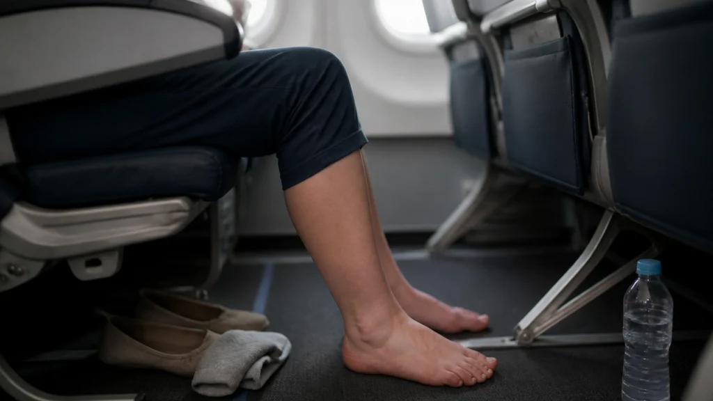 Illustration éditoriale pour l’article « Pieds gonflés en avion : nos solutions pour voyager léger »