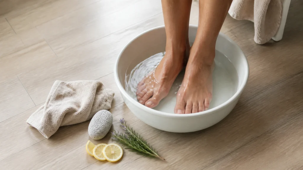 Illustration éditoriale pour l’article « Bain de pieds pour enlever la corne : astuces naturelles »
